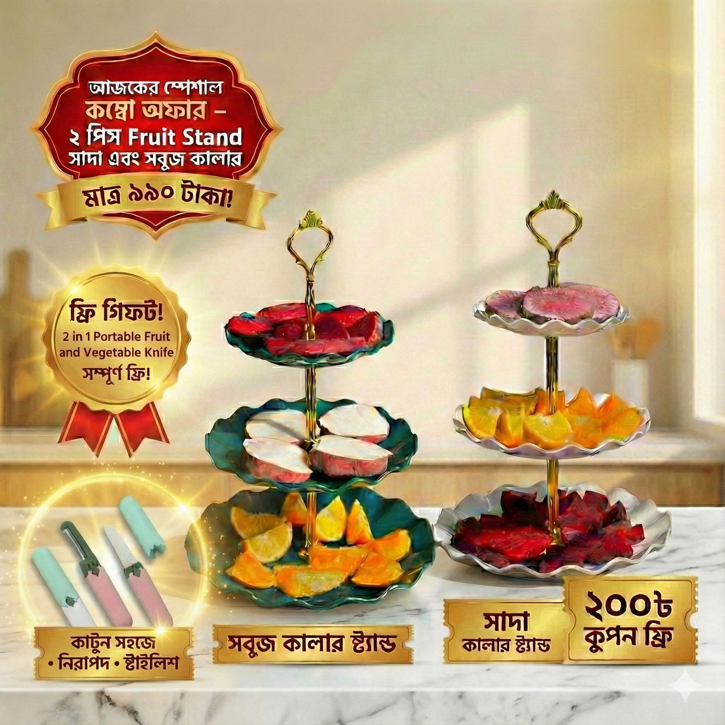 2 পিস Green+ White Fruit Stand Combo + Fruit Knife + ২০০৳ কুপন