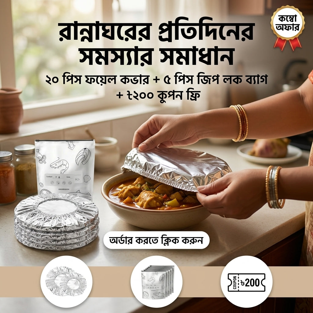 খাবার ঢাকার ফয়েল কভার (২০ পিস) — সাথে ৫ পিস জিপলক ব্যাগ ও ৳২০০ কুপন ফ্রি